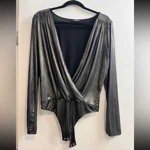 Express Metallic Shimmer Black Bodysuit Top